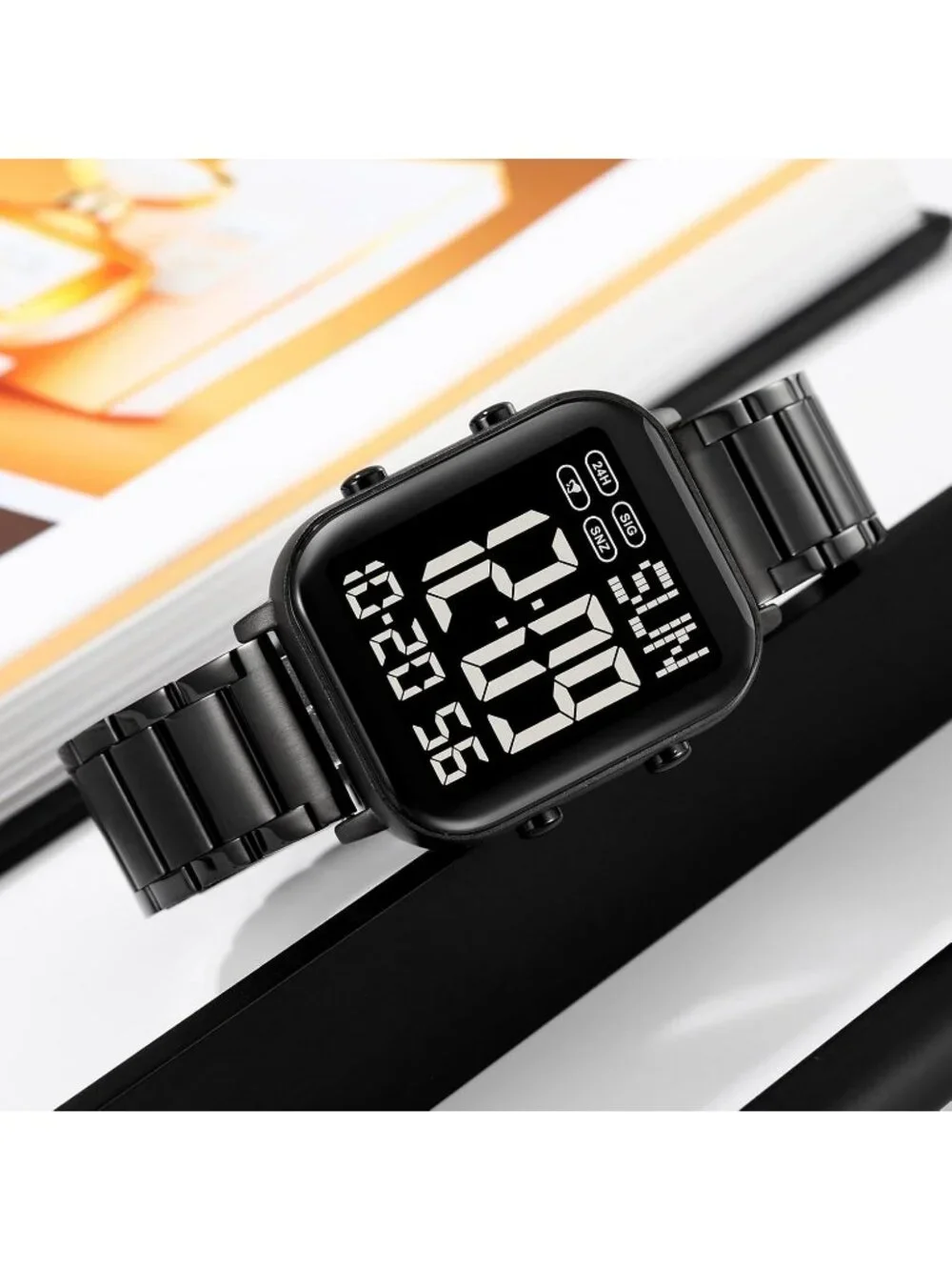 Unisex Black Analog Stainless Steel Waterproof Electronic Square Digital Watch